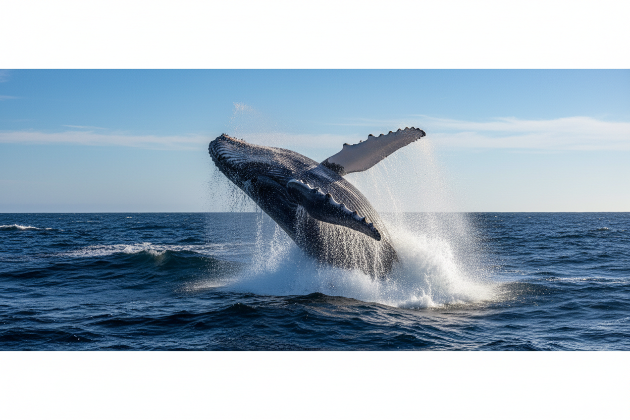 a blue whale splashing in to the water 